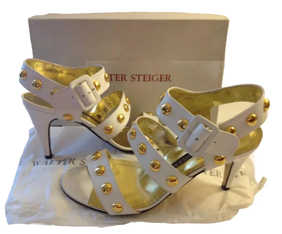 Sandalias de diseñador Walter Steiger de cuero con tacón de pantorrilla blancas 6,5B Italia Foto 1 de 4