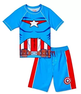 Sz 4-7 Marvel Captain America Swimsuit Boys Swim Trunks Rash Guard Shirt Avenger - Picture 1 of 4