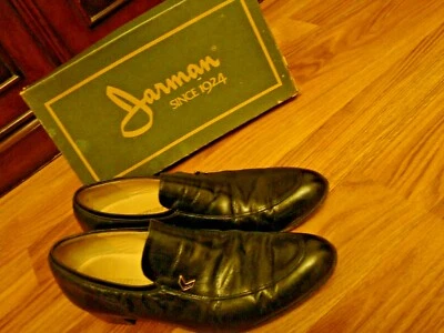 MEN'S VINTAGE SHOES 1980 JARMANS BLACK LEATHER SLIP ONS GOLD ACCENT DANCE TUX - Image 1 of 4
