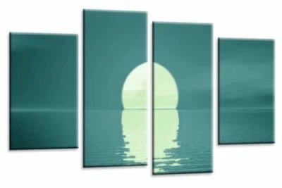 Large Seascape Sunset Love Art Print Teal Cream Framed Split Canvas Picture - Image 1 of 4