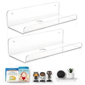 Clear Acrylic Wall Shelf Set of 2, 10" Floating Book Shelves for Wall, Displa... - Picture 1 of 8