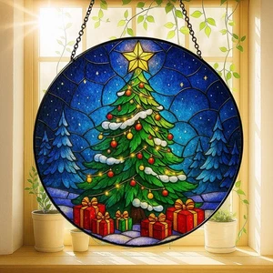 Christmas Tree Stained Glass Suncatcher With Star And Gift Boxes, Holiday Decor - Picture 1 of 6