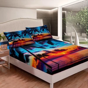 Ocean Beach Themed Bedding Set Queen Size,Tropical Sunset Beach with Palm Tre... - Picture 1 of 5
