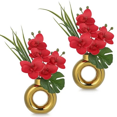 Fake Orchid Flowers with Gold Pot 2PCS Red Orchid Silk Flowers Arrangement Ar... - Image 1 of 4