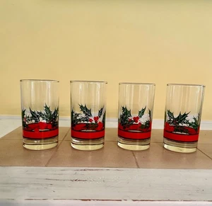 Four 8 oz. Libby Holiday Glasses Holly and Berries w/Red Band - Picture 1 of 4