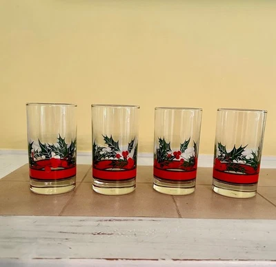Four 8 oz. Libby Holiday Glasses Holly and Berries w/Red Band - Image 1 of 4