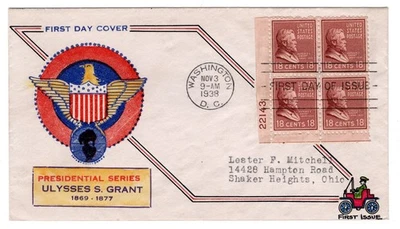 #823 Presidential Series 18c Ulysses S. Grant 1938 FDC -Neare Hand-drawn Variety - Image 1 of 2
