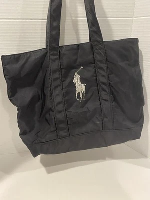 Ralph Lauren Black Canvas Tote Bag White Polo Logo Embroidered Double Handle - Image 1 of 4