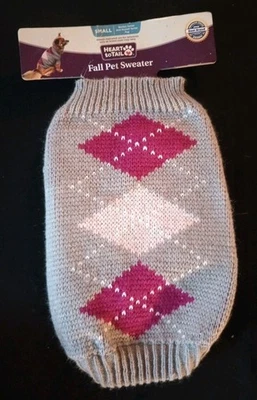 Heart to Tail Fall Pet Sweater Argyle Pattern Gray Pink Small Dog - Image 1 of 4