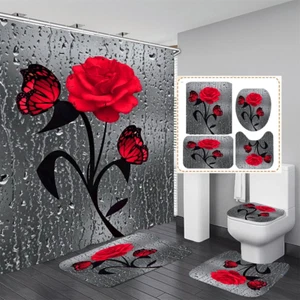4 Pcs Bathroom Shower Curtain Set Red Rose Shower Curtain Bathroom Sets Valentin - Picture 1 of 12
