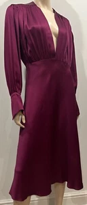 Vestido midi DONATA DAVIDOFF Borgoña Ciruela Seda Cuello en V Manga Larga - Reino Unido 12 - Imagen 1 de 9