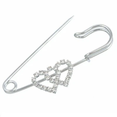 MARKENLOS 2x Broschen Anstecknadeln Schmucknadel Doppelherz Strass Silber 6.5x2.3cm