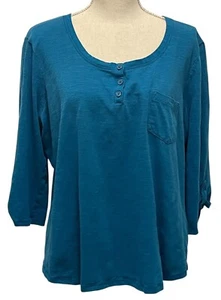 Faded Glory-Women's 2X-Blue-Cotton Blend-Peasant Blouse-3/4 Sleeve-Pullover Top - Picture 1 of 11