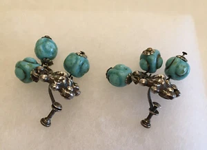 Turquoise Glass Beads Dangle Earrings on Silver Tone Lion Screwback Rare - Picture 1 of 7