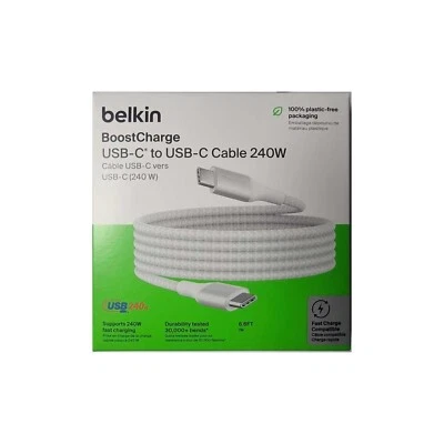 Belkin BoostCharge USB-C to USB-C Cable 240W Fast Charge Braided 2m CAB015BT2MWH - Image 1 of 2