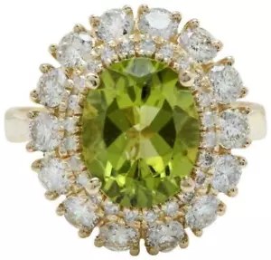 Natural Green Peridot and Diamonds Gemstone Women Ring 14K Solid Yellow Gold - Picture 1 of 6