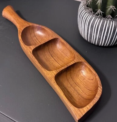 MCM Madera de Teca 3 Secciones Cuencos Divididos Bandeja Plato Tablero Forma Hoja 1960 Tailandia Foto 1 de 4