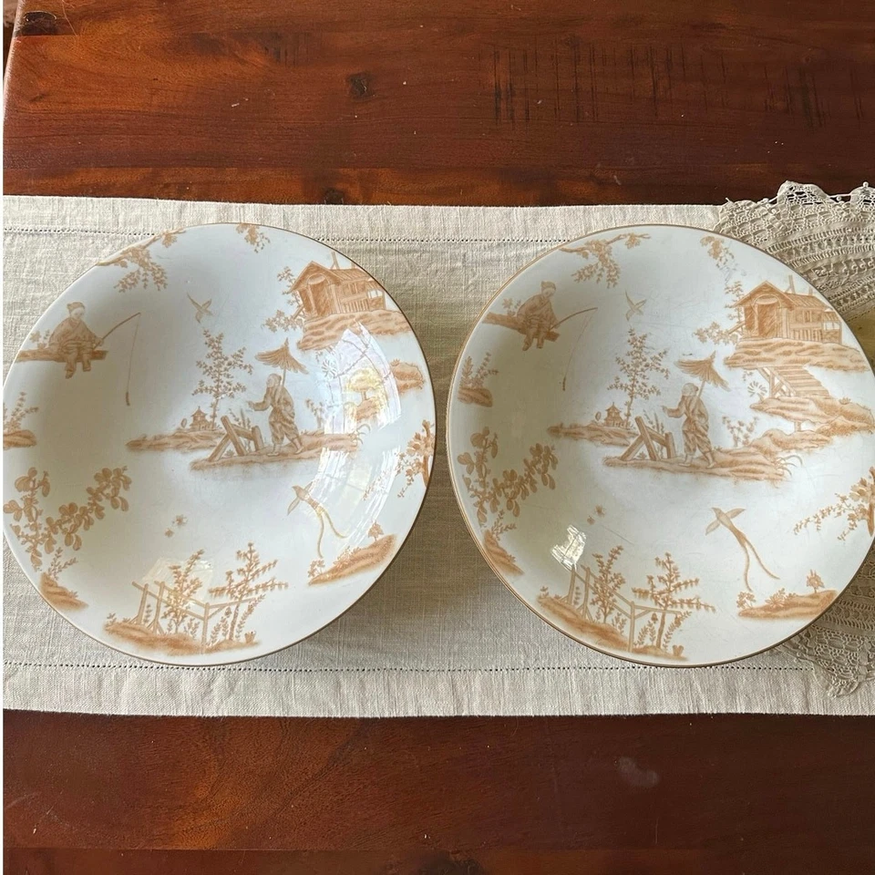 Juego grande de 2 cuencos para servir aseo asiáticos vintage grandes blanco bronceado pesado chinoiserie Foto 1 de 4