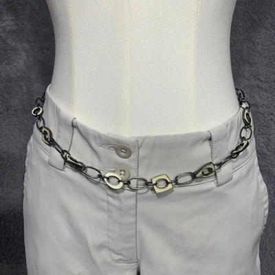 Vintage Silver Tone Chain Belt with Cream Enamel Accents, Adjustable Link Chain - Image 1 of 4