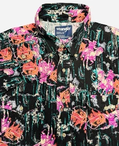 Vintage Wrangler Brushpopper Shirt X Long Tails Horse Print Western Cowboy Cut L - Bild 1 von 7