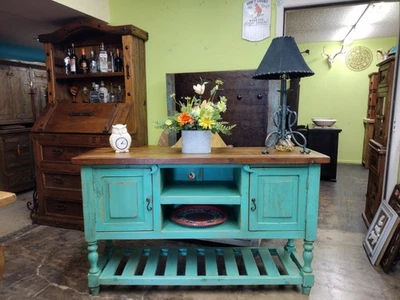 Nuevo soporte de TV de madera rústica turquesa verde Foto 1 de 4