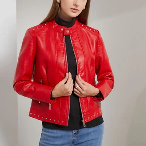 Chaquetas de cuero sintético para mujer mangas largas cremallera completa cuello falso abrigos de PU para motocicleta - Imagen 1 de 29