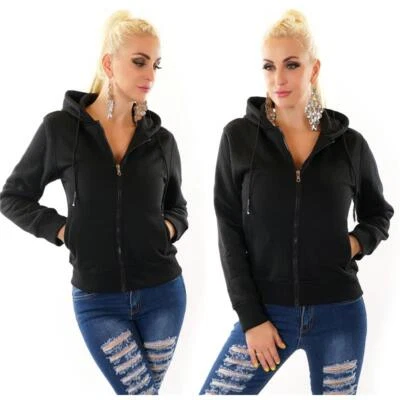 Gefütterte Damen Sweatjacke mit Kapuze Schwarz #J1175 - Bild 1 von 4