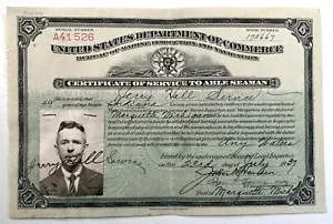 ABLE SEAMAN 1937 CERTIFICATO DI SERVIZIO MARQUETTE MICHIGAN * SERVIZIO JERRY HALL - Foto 1 di 2