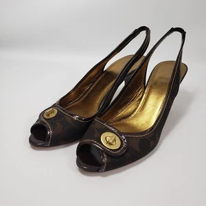 Coach Women Size 10 B Brook Brown Gold Logo Turn Lock Peep Toe Slingback Heels - Picture 1 of 10