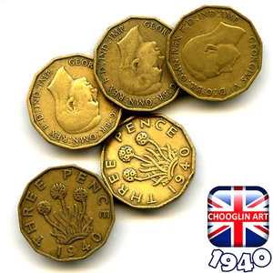Set of (x5) BRITISH 1940 GEORGE VI THREEPENCE coins, 85 Years Old! - Picture 1 of 1