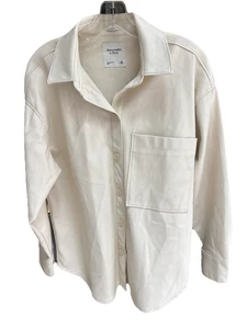 Abercrombie & Fitch Cream Soft Faux Leather “M” Shirt Shacket Button Collared - Picture 1 of 16