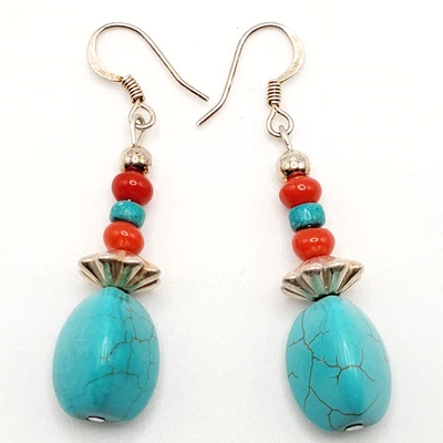 Pendientes de gancho perforados colgantes estilo suroeste imitación turquesa con cuentas de vidrio Foto 1 de 4