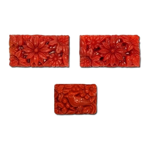 Carved Cinnabar Button Rectangle Lacquer Set of 3 Bird Floral Plate Loop 34 45 L Cover