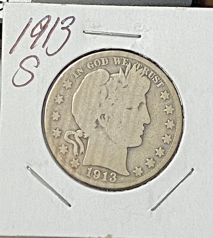 1913-S Barber Half Dollar G  80% Obverse Rim. Even wear Obv/Rev Choice Original Cover