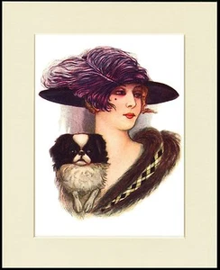 JAPANESE CHIN PRETTY LADY WEARING LARGE HAT DOG PRINT MOUNTED READY TO FRAME - Picture 1 of 1