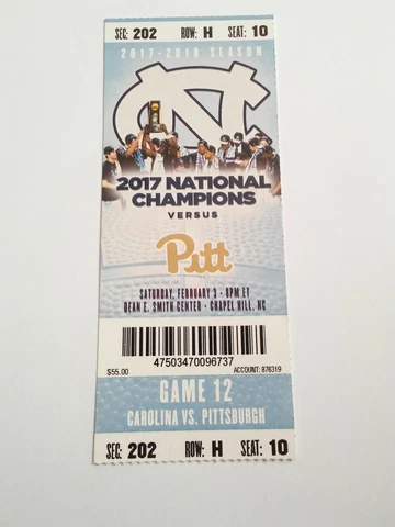 2017-18 North Carolina Tar Heels Pittsburgh Basketball Full Ticket Stub Cover