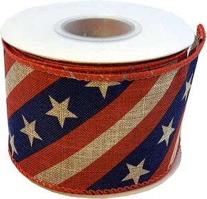 Patriotic Tea Stained Wired Ribbon - 2 1/2" x 10 Yards, 4th of July, USA - Picture 1 of 3