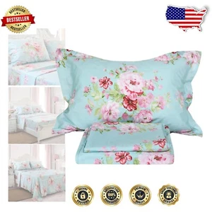 Soft California King Floral Bed Sheet Set - 100% Cotton, 4-Piece Collection - Picture 1 of 11