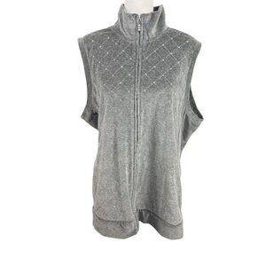 Quacker Factory 1X Grey Velour Vest Full Zip Silver Studs Rhinestones Quilted - Picture 1 of 9