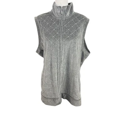 Quacker Factory 1X Grey Velour Vest Full Zip Silver Studs Rhinestones Quilted - Image 1 of 4
