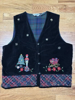 Chaleco De Colección Victoria Jones Negro Terciopelo Bordado Navidad Enrejado Negro Talla 1x Foto 1 de 4