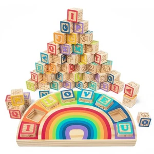 Building Blocks Set Wooden Blocks for Toddlers Rainbow ABC Letter Alphabet St... - Picture 1 of 7