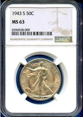 Moeda de prata 1943 S NGC MS63 Walking Liberty meio dólar 50c EUA em perfeito estado 1943-S MS-63 - Imagem 1 de 3
