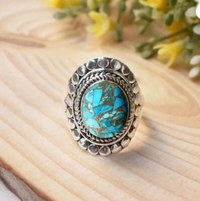 Anelli In Turchese Cabochon 925 In Argento Sterlingo Per Donne Gioielli Regalo - Immagine 1 di 4