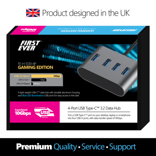 FirstEver 4-Port USB-C 3.2 Gen 2 10Gbps Gaming LED Aluminium Data Hub (4x USB-A)