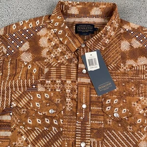 NEU Pendleton Hemd Herren Large braun Perlen Druckknopf Azteken All Over Print Western - Bild 1 von 12