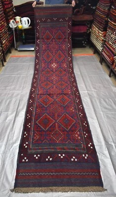 Vintage Afghan Persian Mushvani Runner Rug 3x12 ft Red Navy Oriental Wool Carpet - Image 1 of 4