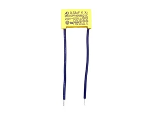 1x Kondensator 330nF K X2 275V~ VAC, Kabel ca. 6cm RM22 (0,33µF,uF,AC,250V~)Z701 - Bild 1 von 1