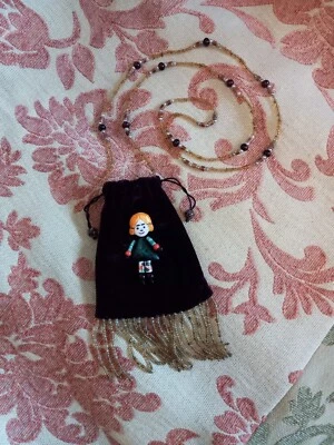 Vintage 1990s Y2K Purple Velvet Tassel Beaded Ceramic Figure Doll Purse Necklace - Image 1 of 4