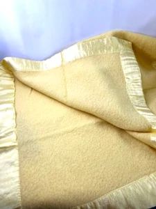 Vintage Wool Baby Blanket Yellow Satin Trim 34"X47" - Picture 1 of 5